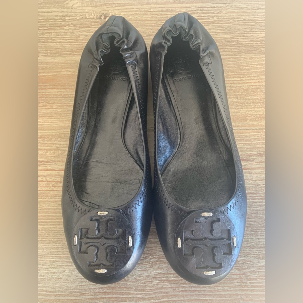 Tory Burch Black Leather Ballet Flats - Picture 1 of 9